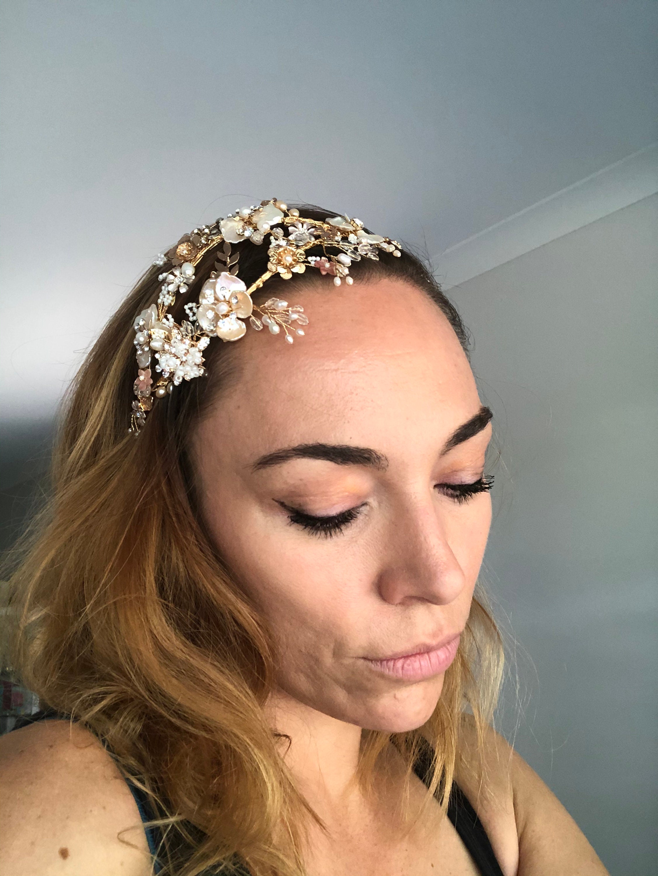 Wedding Tiara Flower Bridal Headpiece Gold Wedding Crown Etsy UK