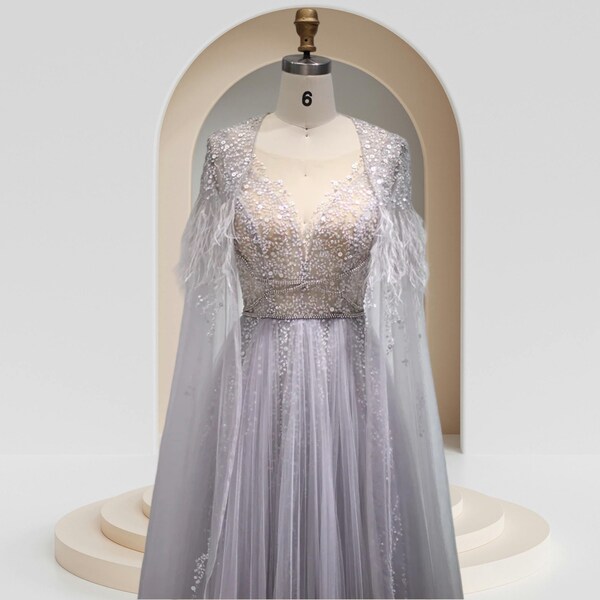 Silver Wedding Dress With Long Feather Detachable Cape Formal Evening Gown In Gray ~  AFFRIEL