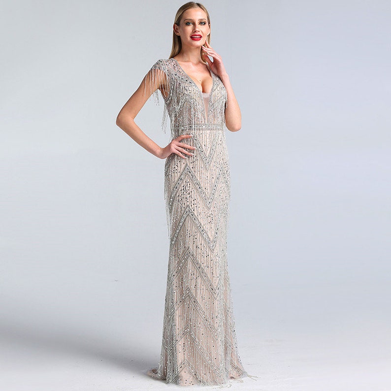 Unique Gatsby Evening Dress, 20s Wedding Dress in Hollywood Starlet Style 20s Wedding Dress in Silver DEMI image 3