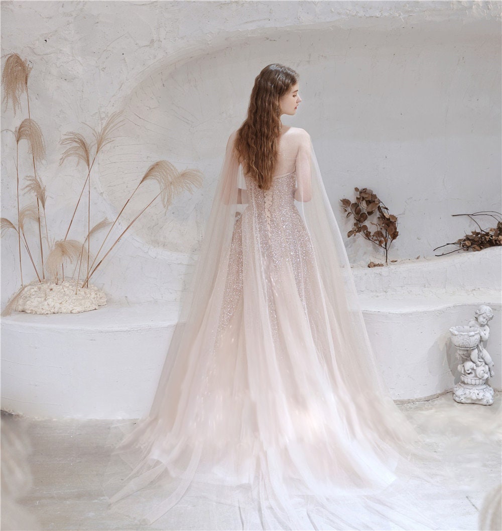 Pink Beaded Wedding Dress With Cape Evening Gown in Pink | Etsy