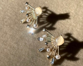 Starburst & Moon Earrings, Celestial Earrings in Gold with Tiger Stone  ARI
