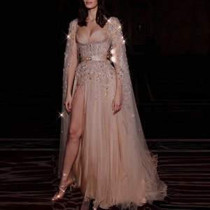 Blush Pink Wedding Dress, Formal Evening Dress With Cape Sleeves & Pearl Crystal Bodice ~ CHAMPAGNE  ~