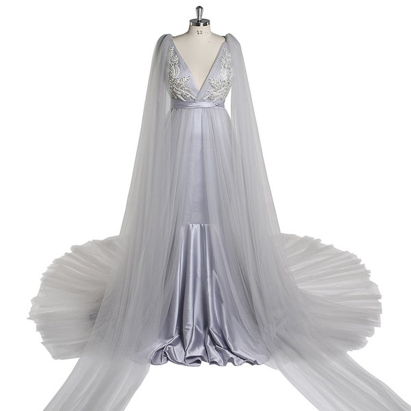 Blue Wedding Dress, Romantic Satin & Tulle Boudoir Robe or Pregnancy Maternity Dress for Photoshoot ~ FLO ~