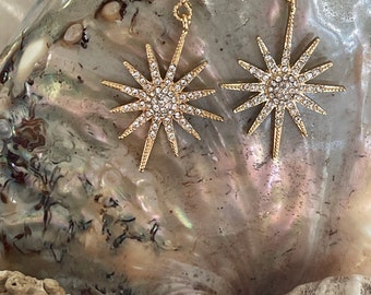 Unique Starburst Earrings, Celestial Star Wedding Earrings In Crystal and Gold ~ GALILEO