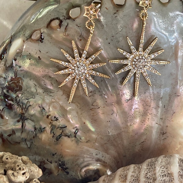 Unique Starburst Earrings, Celestial Star Wedding Earrings In Crystal and Gold ~ GALILEO