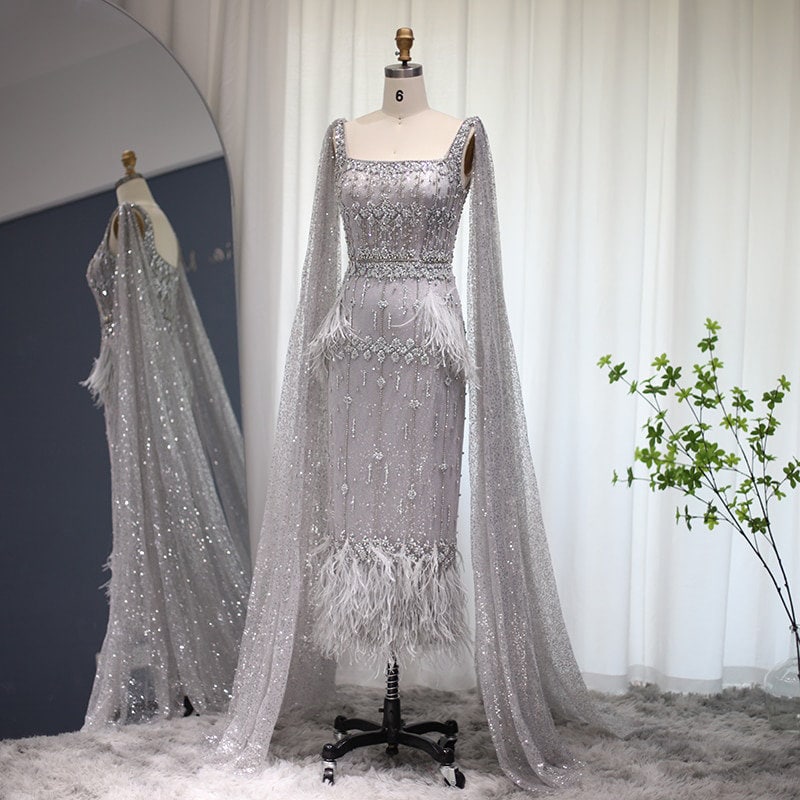 White evening shop gown with cape