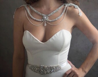 Bridal Epaulettes in  Silver & Crystal, Silver Bridal Cape Body Jewelry  ~ TROY ~