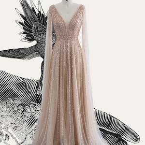 Stunning Wedding Dress With Winged Bridal Cape, Art Deco Embellished Evening Dress in pink Champagne Gold & Green ~ ANGEL ~