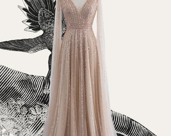 Stunning Wedding Dress With Winged Bridal Cape, Art Deco Embellished Evening Dress in pink Champagne Gold & Green ~ ANGEL ~