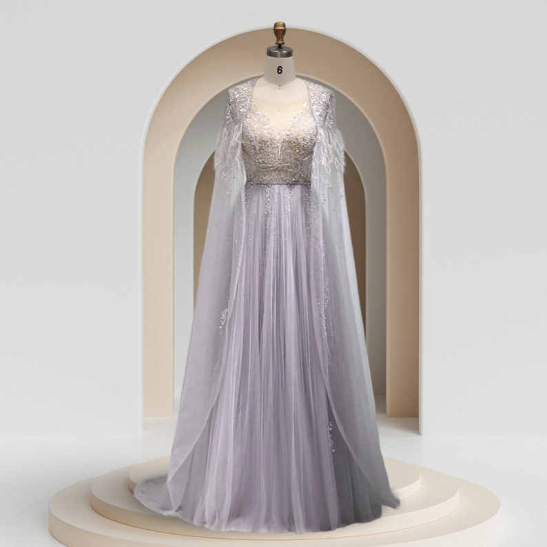 Silver Wedding Dress With Long Feather Detachable Cape Formal Evening Gown In Gray AFFRIEL image 2