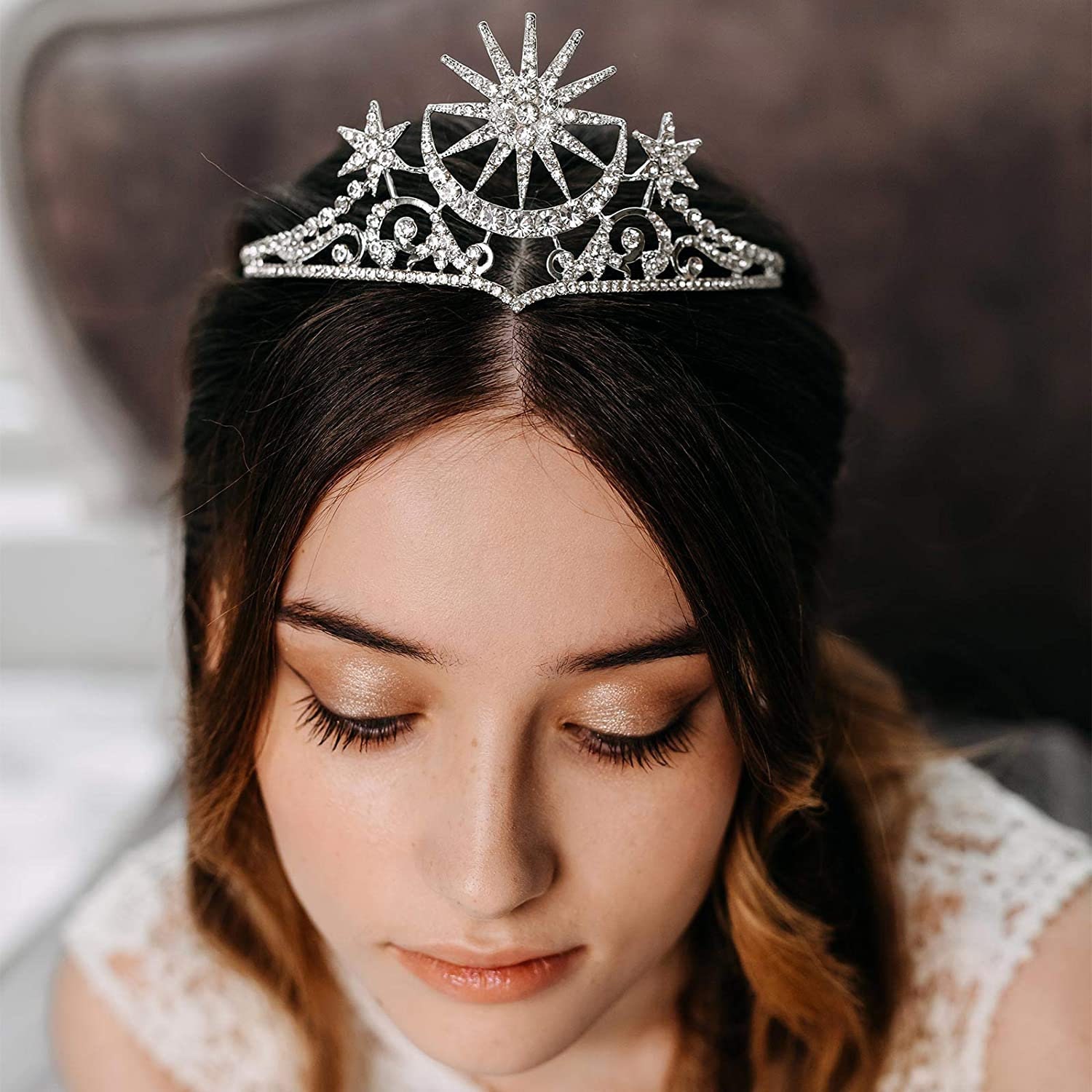 Silver star tiara, celestial crystal crown, star crystal headpiece, bridal star headpiece, star