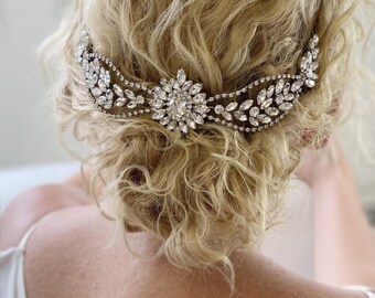 Crystal Bridal Headpiece Hair Chain, Vintage Style Boho Hair Comb  in Silver & Rose Gold   DELANEY