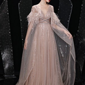 Silver Wedding Dress With Long Feather Detachable Cape Formal Evening Gown In Gray AFFRIEL image 4