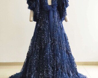 Blue Tulle Star Wedding Dress Robe, Navy Gothic Witchy Boudoir Gown ~ TEASE ~