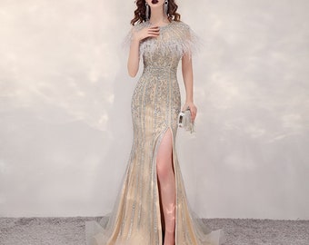 Gatsby Vintage Style 20’s Art Deco Wedding Gown in light Champagne and Crystal  ~ REVE