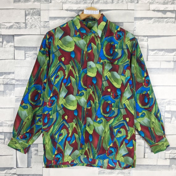 Vintage Long Lagoon Button Up Abstract Cotton Shirt Large Pop Art Multicolor Geometric Art Baroque Novelty Party Oxfords Size L