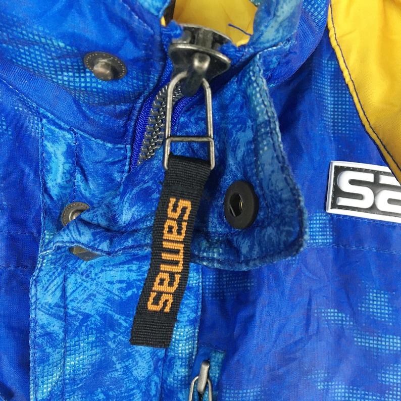SAMAS Ski Jacket Large Vintage 90s Samas Ski Snow Wear Warmer Skiing Bomber Blue Hoodie Winter Jacket Size L