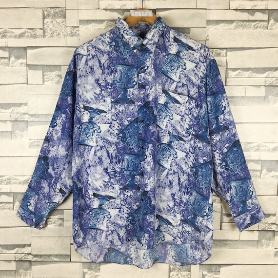 Vintage Long Lagoon Button Up Abstract Cotton Shirt Large Pop Art Multicolor Geometric Art Baroque Novelty Party Oxfords Size L