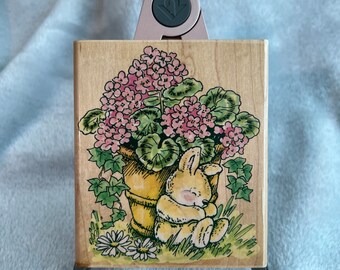 Geranium Pot with Sleeping Rabbit Rubber Stamp