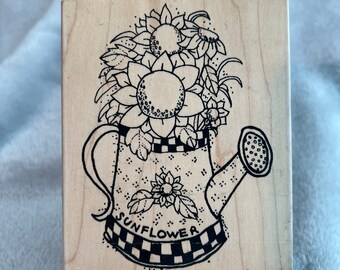 Sunflowers in Watering Can Rubber Stamp