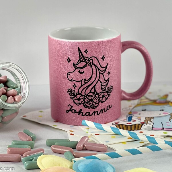 Personalisierte rosa Glitzer Tasse mit Name und Datum Einhorn | beidseitig bedruckt | Mädchen Tasse | Geschenkidee | Keramiktasse