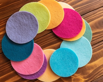 Circle round felt coasters for glasses, cups, place mats 10 cm, 15 cm, 20 cm, 25 cm, 35 cm, 40 cm, 45 cm to 60 cm, 31 colors and washable