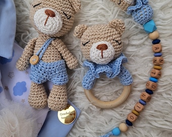 Set nascita bimba bimbo uncinetto handmade coniglietto e sonaglio in cotone amigurumi baby shower nascita regali personalizzati