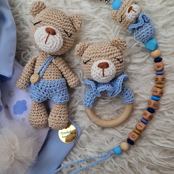 Set nascita bimba bimbo uncinetto handmade coniglietto e sonaglio in cotone amigurumi baby shower nascita regali personalizzati