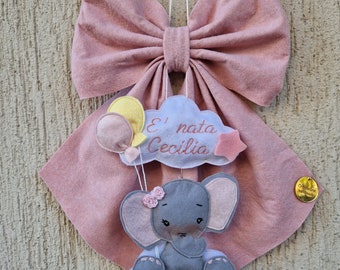 Fiocco nascita pannolenci bimbo bimba elefantino dolce baby shower nascita handmade fuoriporta decorazione stanzetta  wall decor newborn