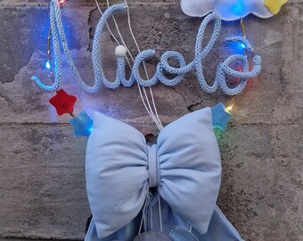 Fiocco nascita luminoso ghirlanda con led cerchio tricotin uncinetto crochet baby shower girl boy birth bow geburtsbogen maglia announcement