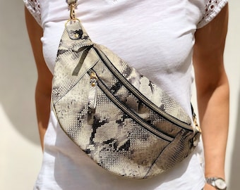 Sling Bag for Women, in Python Print Leather, Made in ITALY, Fanny Pack, Leather Bum Bag, Leather Travel bag, Gift for Girlfriend, OOAK