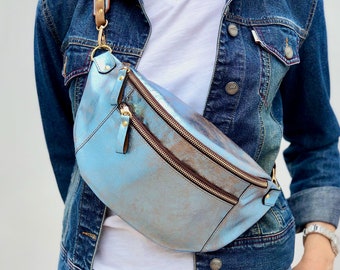 Sling bag for Women, in Italian Laminated Leather, Color Light Blue, Made in ITALY, Women Fanny Pack, Gift for Girlfriend, OOAK