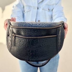 Extra Large Leather Sling Bag: Black Crocodile Embossed, Handmade in Italy