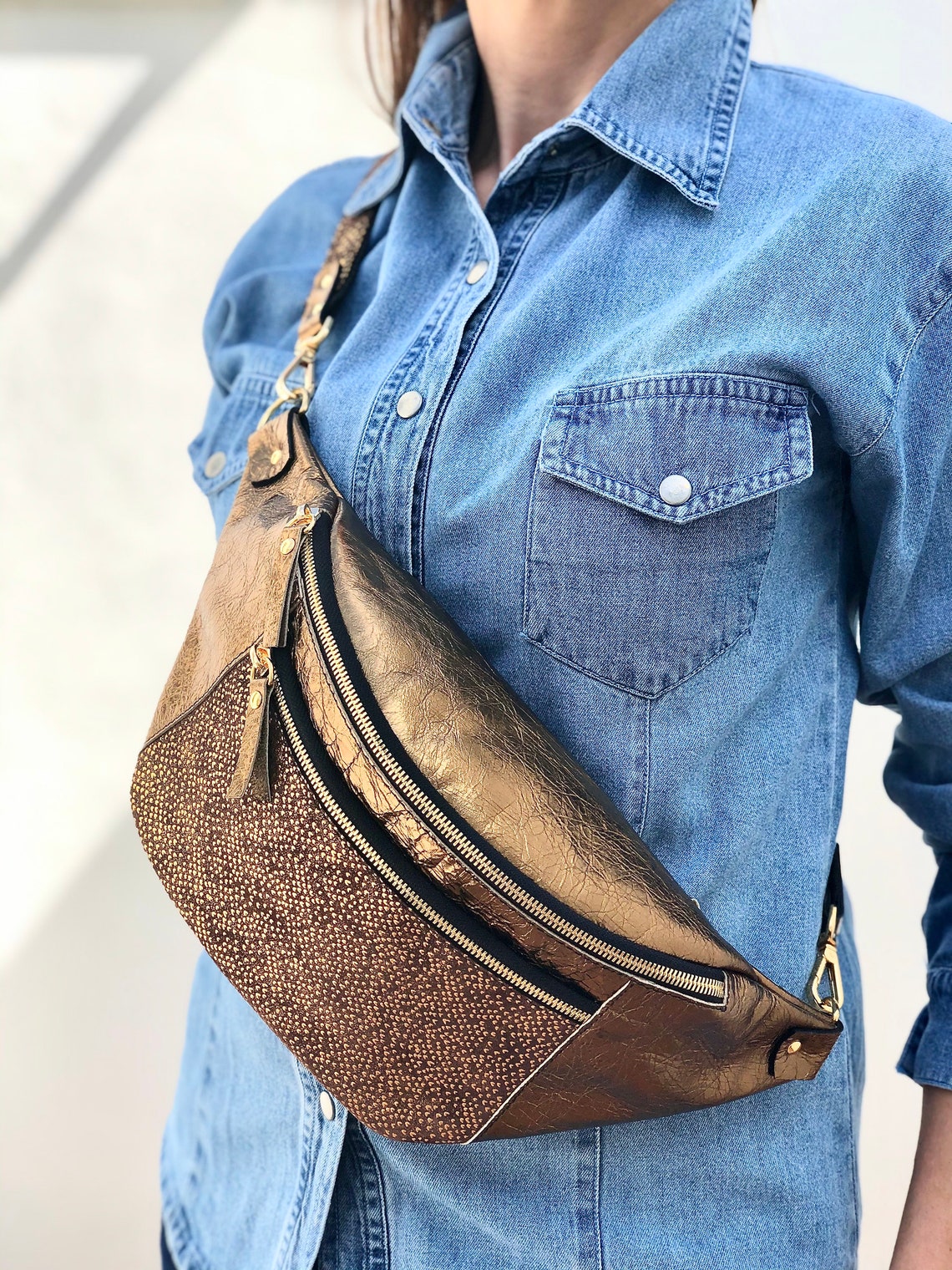 Sling bag for Women Large Fanny Pack ITALIAN Leather Bronze Etsy