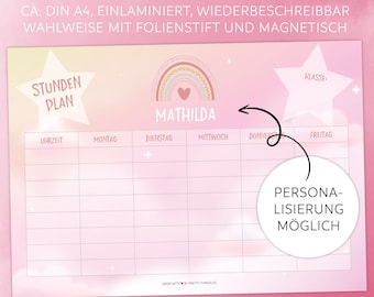 Timetable DIN A4 for pupils, school beginners, rewritable, laminated, personalizable, magnetic, girls, boys, rainbow