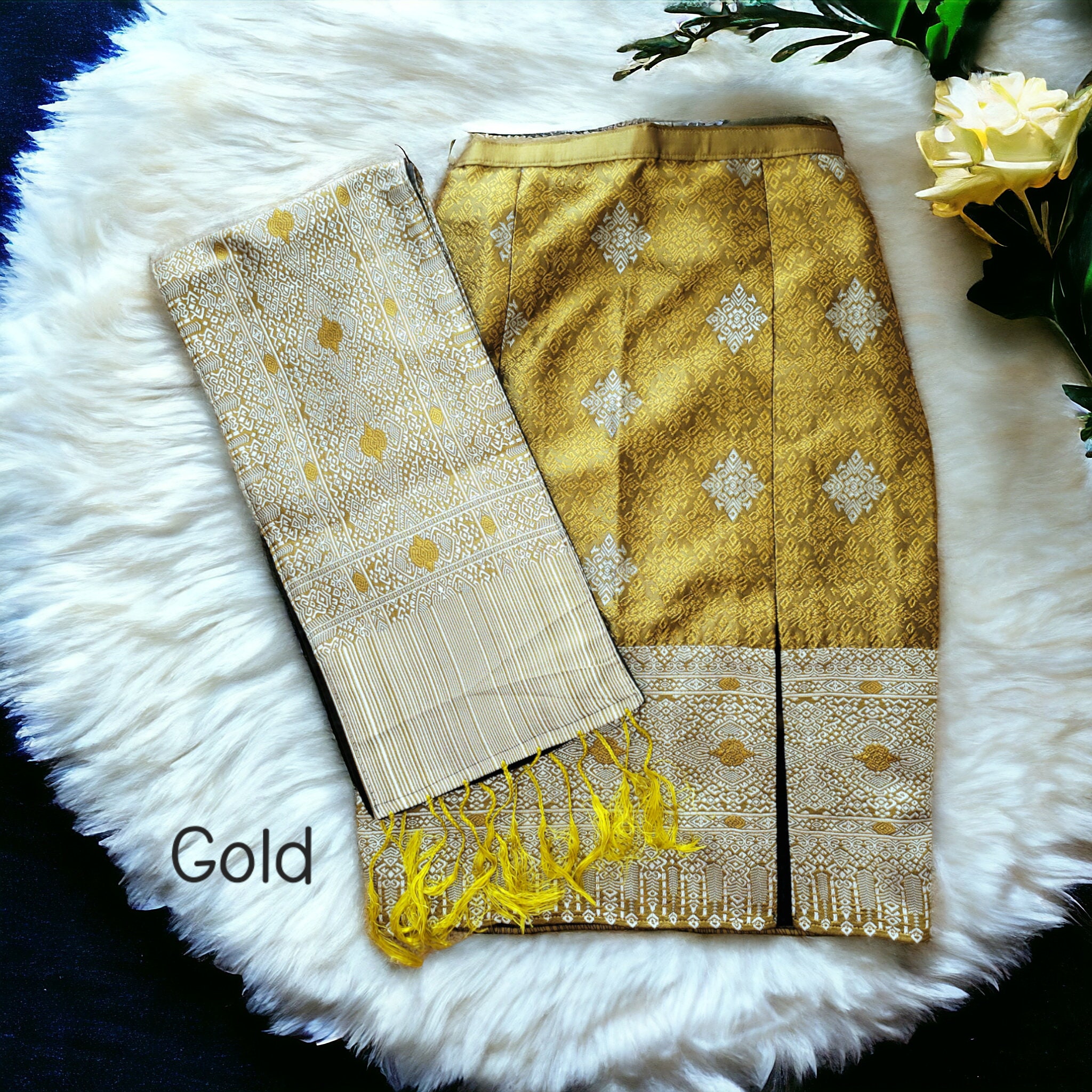 Premium Lao Skirt & Pah Bieng/ Lao Slit Skirt+shawl/ Lao