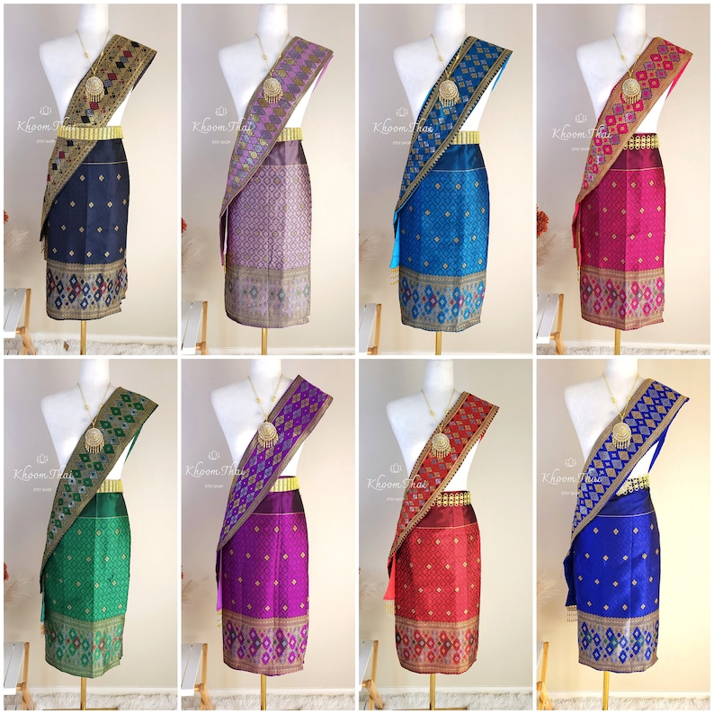 Sinh & Pah Bieng/Lao Skirt/Lao Skirt Shawl/Lao Sarong/Lao Sinh/Lao Silk/Wrap Skirt/Two Piece Set/Lao Clothing immagine 1