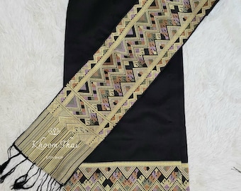 Black Lao Sinh & Pha Biang | Lao Sinh | Pah Bieng | Pha Biang | Lao Skirt and Shawl | Lao Skirt | Free Size Wrap Skirt | Wrap Skirt