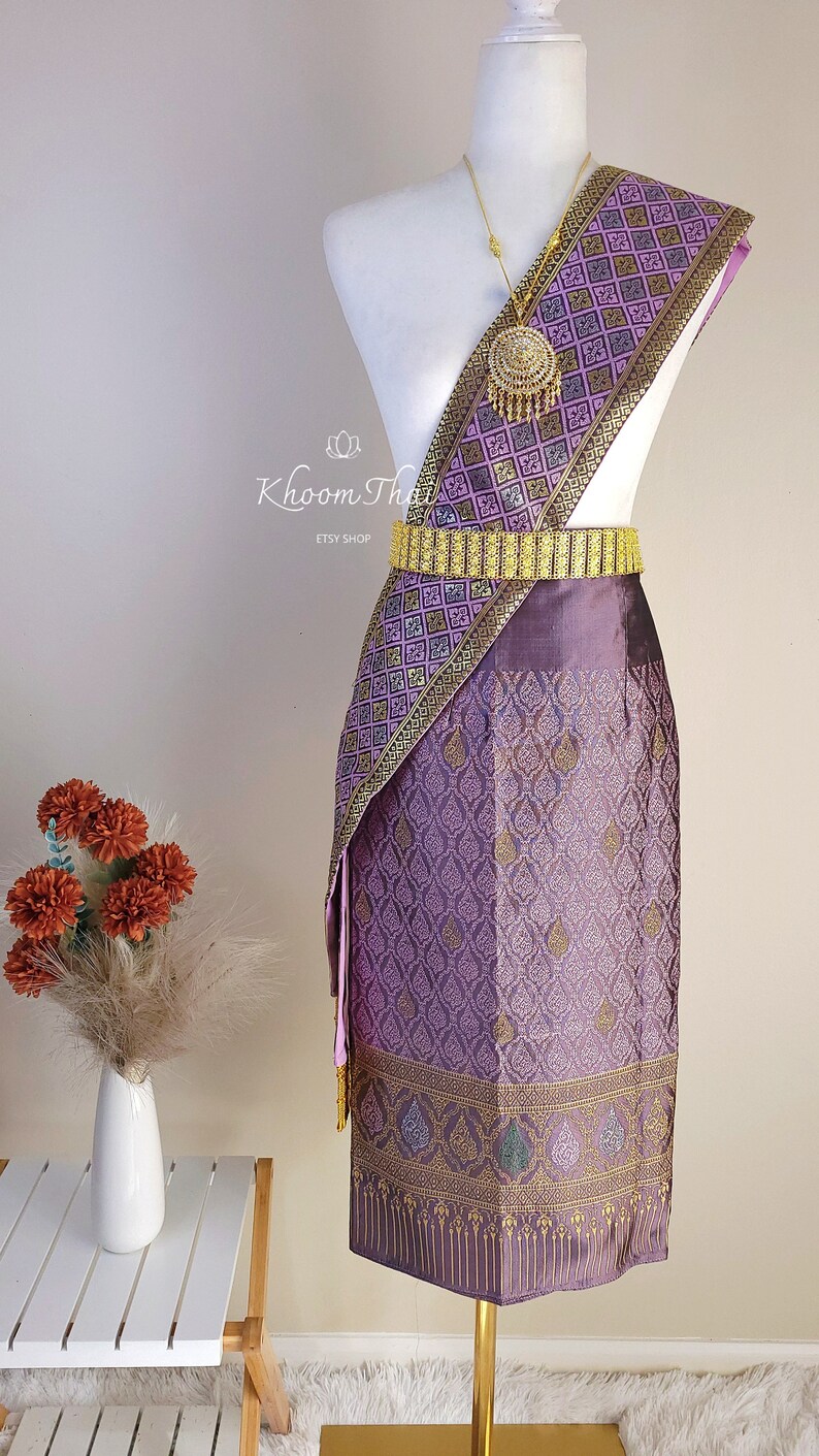 Sinh & Pah Bieng/Lao Skirt/Lao Skirt Shawl/Lao Sarong/Lao Sinh/Lao Silk/Wrap Skirt/Two Piece Set/Lao Clothing Lilac06