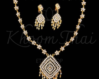 Thai, Lao, Khmer Gold-Tone Necklace and Clip On Earrings Set