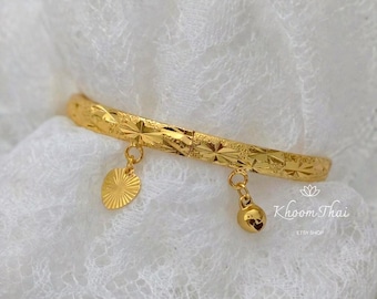 Asian Gold Starburst Cuff Bangle with Bell & Heart Charm | Toddler + Adult Sizes | Adjustable Open Cuff | Lao Thai Khmer Jewelry