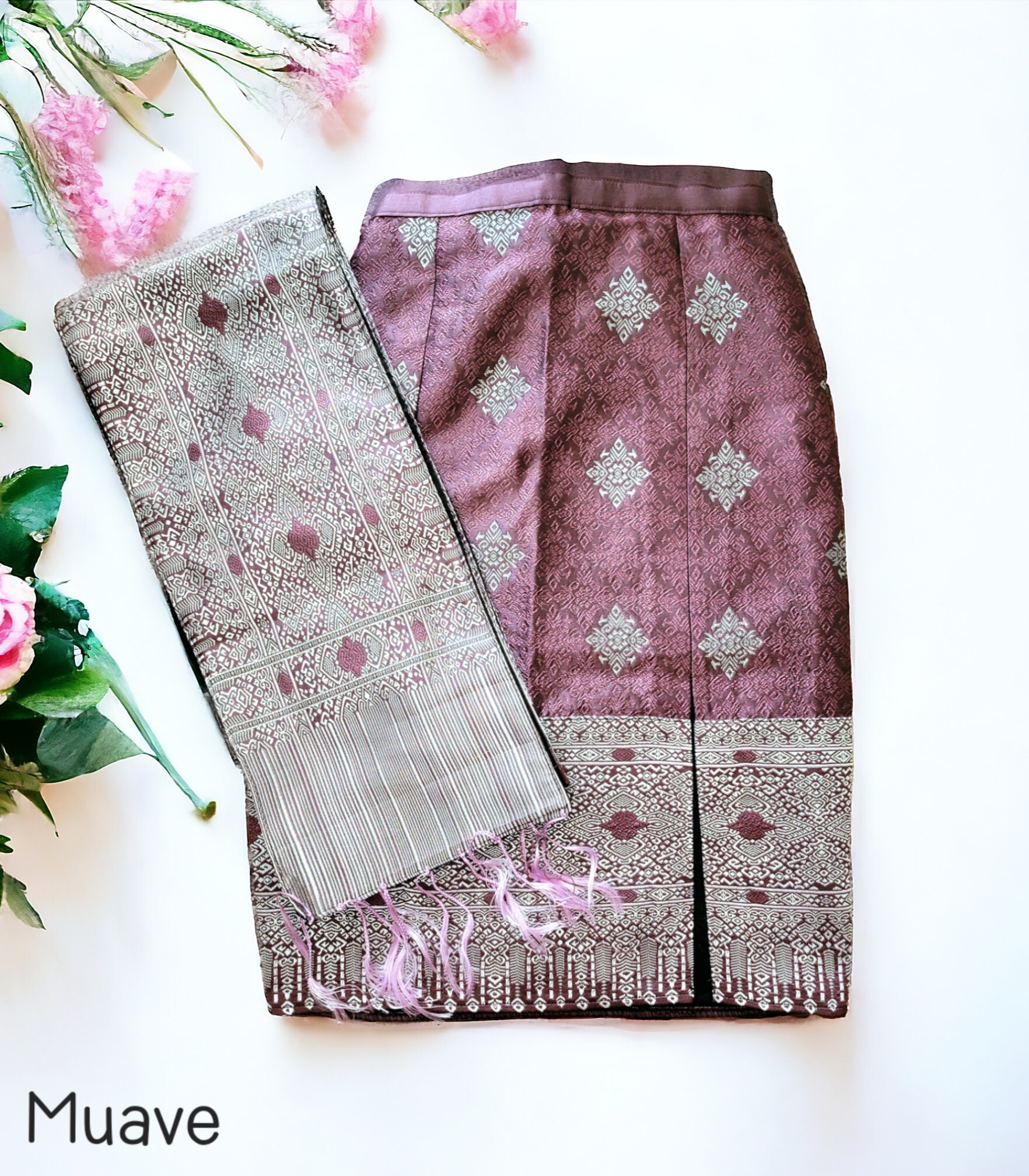 Premium Lao Skirt & Pah Bieng/ Lao Slit Skirt+shawl/ Lao