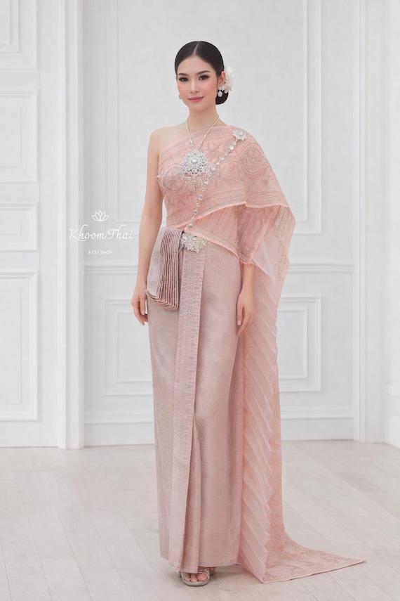 Premium Pink Thai Wedding Dress, Hand-Beaded Sabai and Wrap Skirt