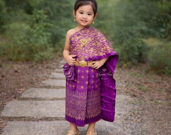 Thai Girl Traditional Outfit | Girl's Chut Thai Set | Girl’s Thai Clothing | Chut Thai Phuying Dek | Kids Thai Dress