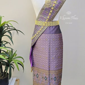 Sinh & Pah Bieng/Lao Skirt/Lao Skirt Shawl/Lao Sarong/Lao Sinh/Lao Silk/Wrap Skirt/Two Piece Set/Lao Clothing Lilac05