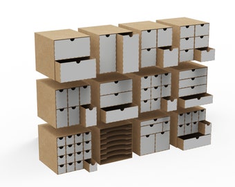 May include: A set of cardboard drawer organizers with various sizes and configurations. The drawers are white and the organizers are brown.