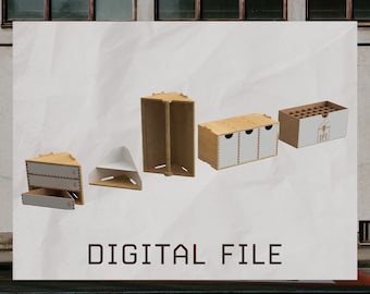 May include: Five different wooden storage boxes with a white background. The boxes are all made of wood and have a natural finish. The boxes are all different sizes and shapes. The boxes are all labeled with the text "DIGITAL FILE".