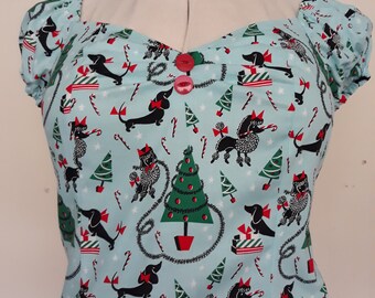 Wonder Womanl print /'Audrey Hepburn/' style dress with a blue ribbon belt detail