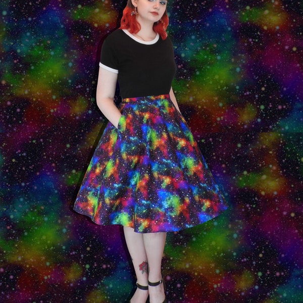 Galaxy Rainbow Celestial Star Space print Full skirt Skater skirt with pockets, Skirt with zip, Elasticated waist skirt