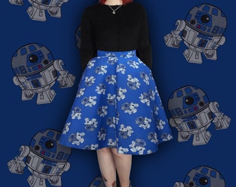 R2-D2 Star Wars vintage Luke Skywalker Darth Vader comic print Full skirt Skater skirt with pockets, Skirt with zip, Elasticated waist skirt